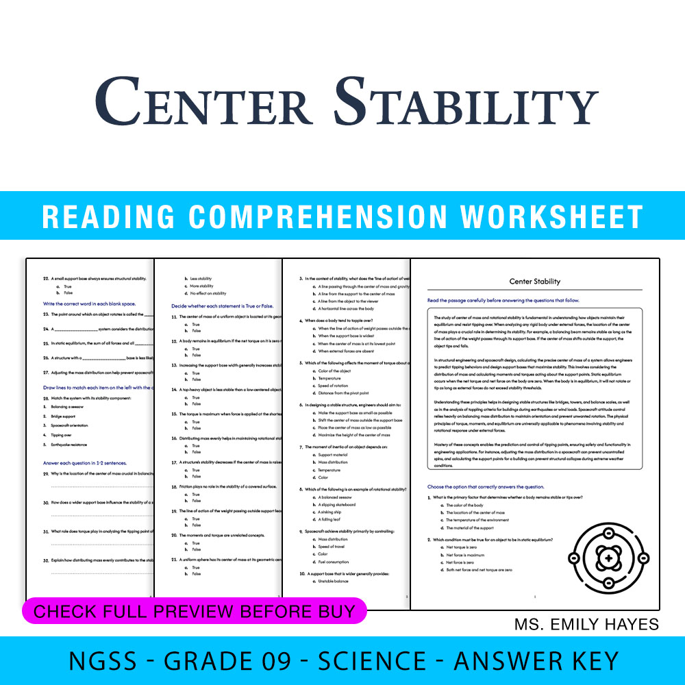 Grade 9 Science worksheet worksheet — 9th Grade Science | Center Stability Worksheet (PDF+ Answer Key) — page 1