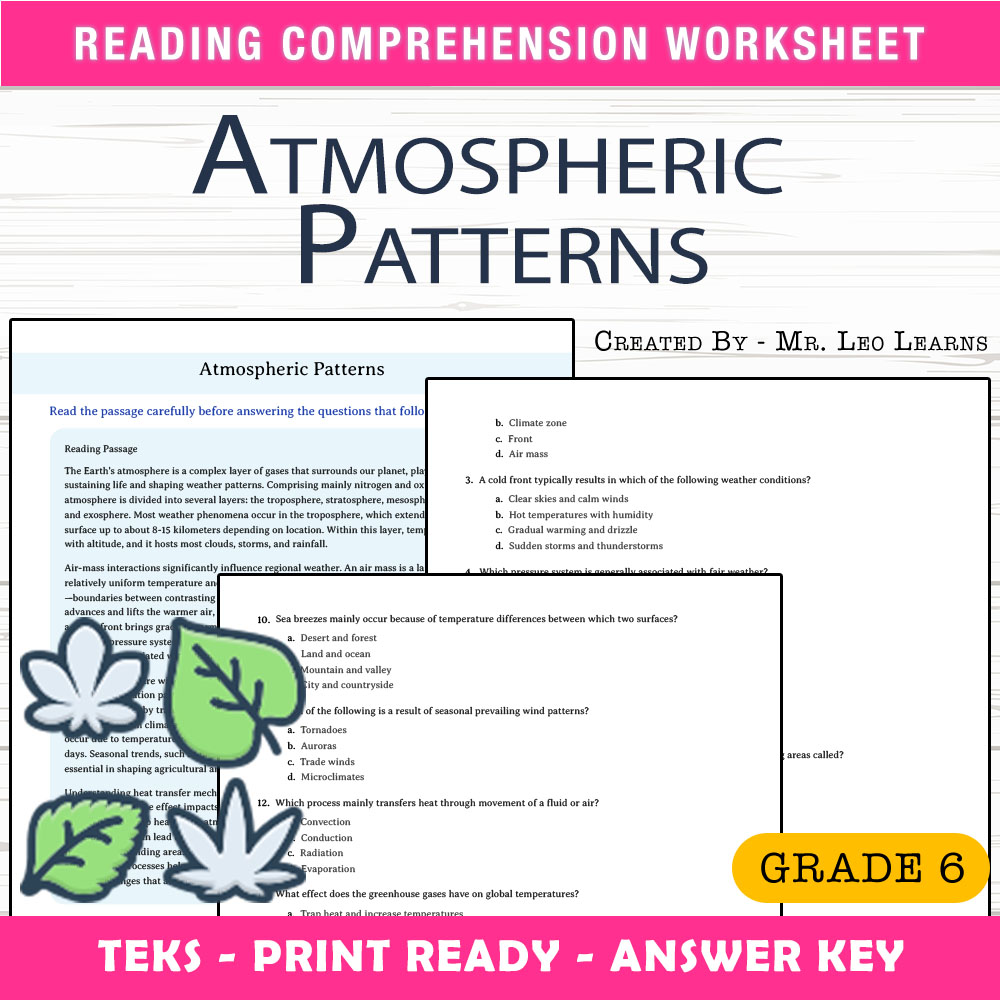 Grade 6 Science worksheet worksheet — Grade 6 Science — Atmospheric Patterns Worksheet for Mastery — page 1