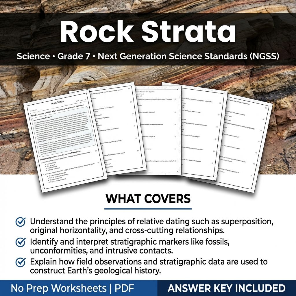 Grade 7 Science worksheet — Grade 7 Science Worksheet | Rock Strata Principles & Earth's History (Printable PDF with Answe…