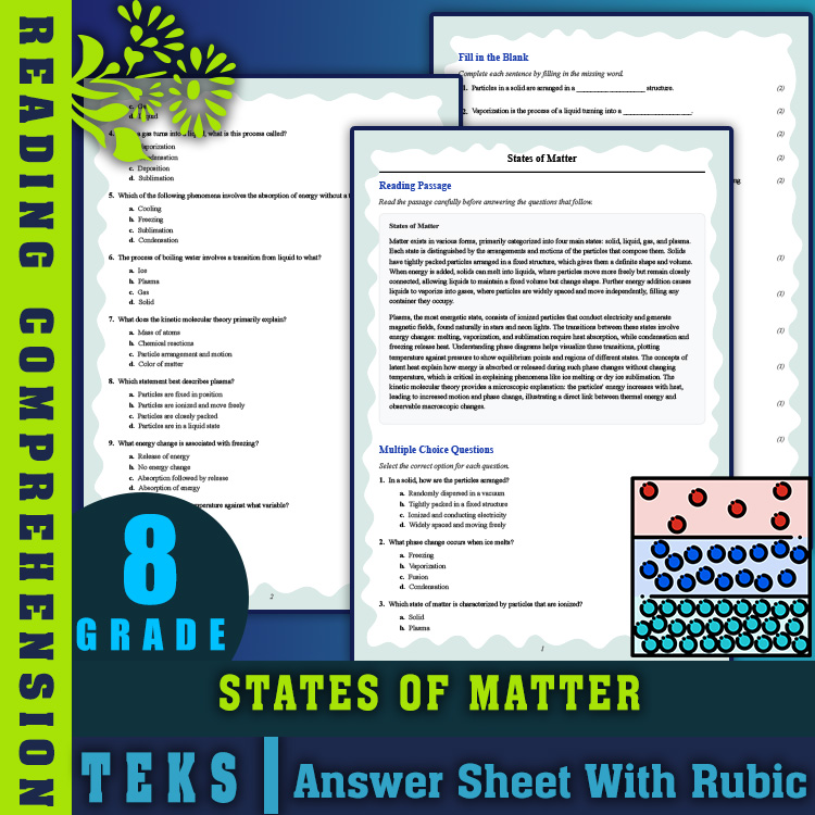 Grade 8 Science reading worksheets worksheet — Grade 8 Science | States of Matter Reading Worksheet with PDF Answer Key —…