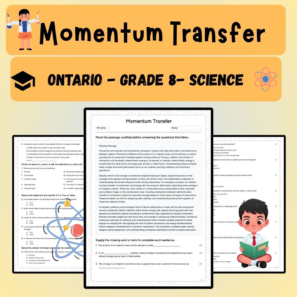 Grade 8 Science worksheet worksheet — Grade 8 Science | Momentum Transfer Worksheet (PDF ) — page 1