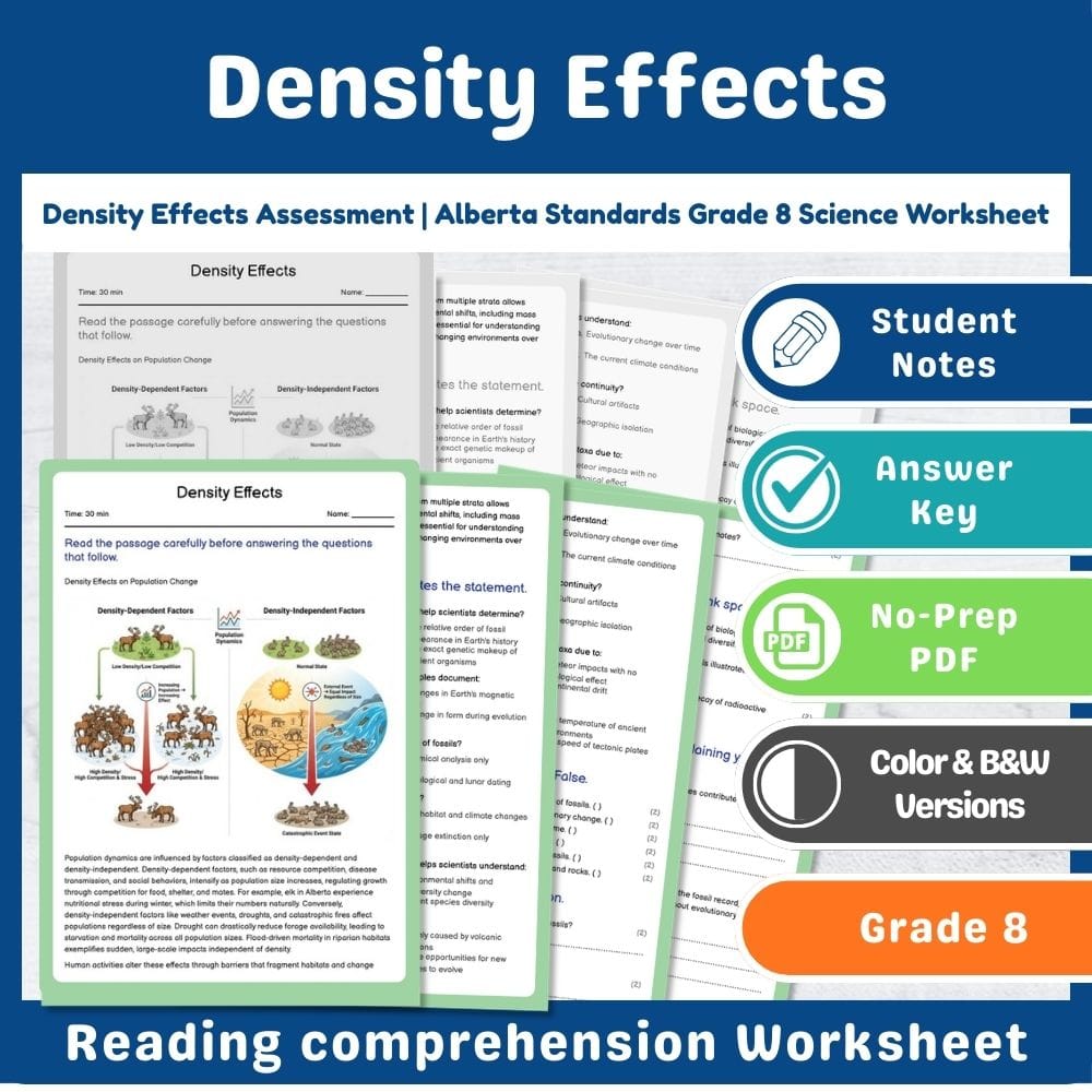 Grade 8 Science assessment worksheet — Density Effects Assessment | Alberta Standards Grade 8 Science Worksheet — page 1