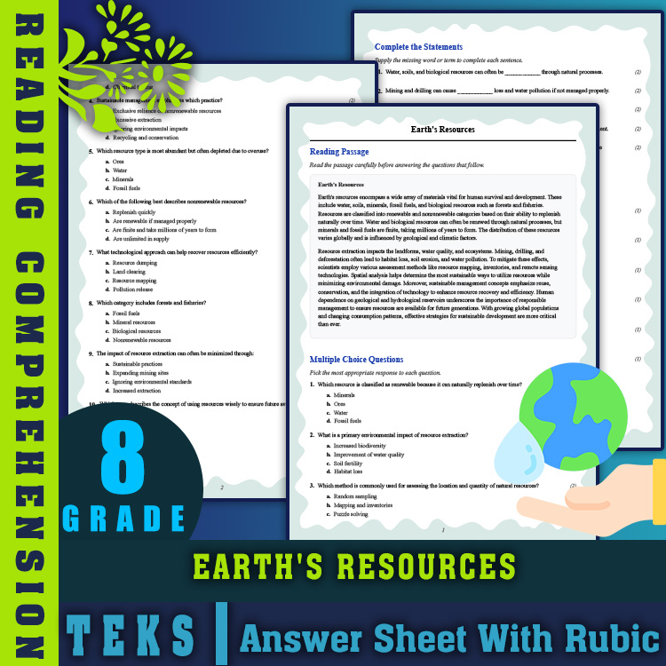 Grade 8 Science reading worksheets worksheet — 8th Grade Science Reading Worksheet | Earth's Resources Mastery & Standards…