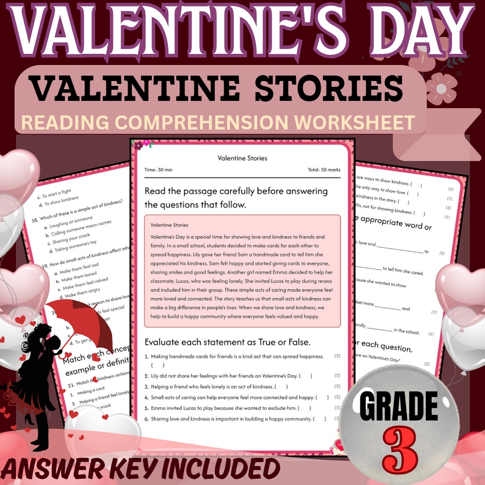 Grade 3 Valentine’s Day Bundle | Holiday & Friendship Worksheets(PDF+Answer Key) — included worksheet 2