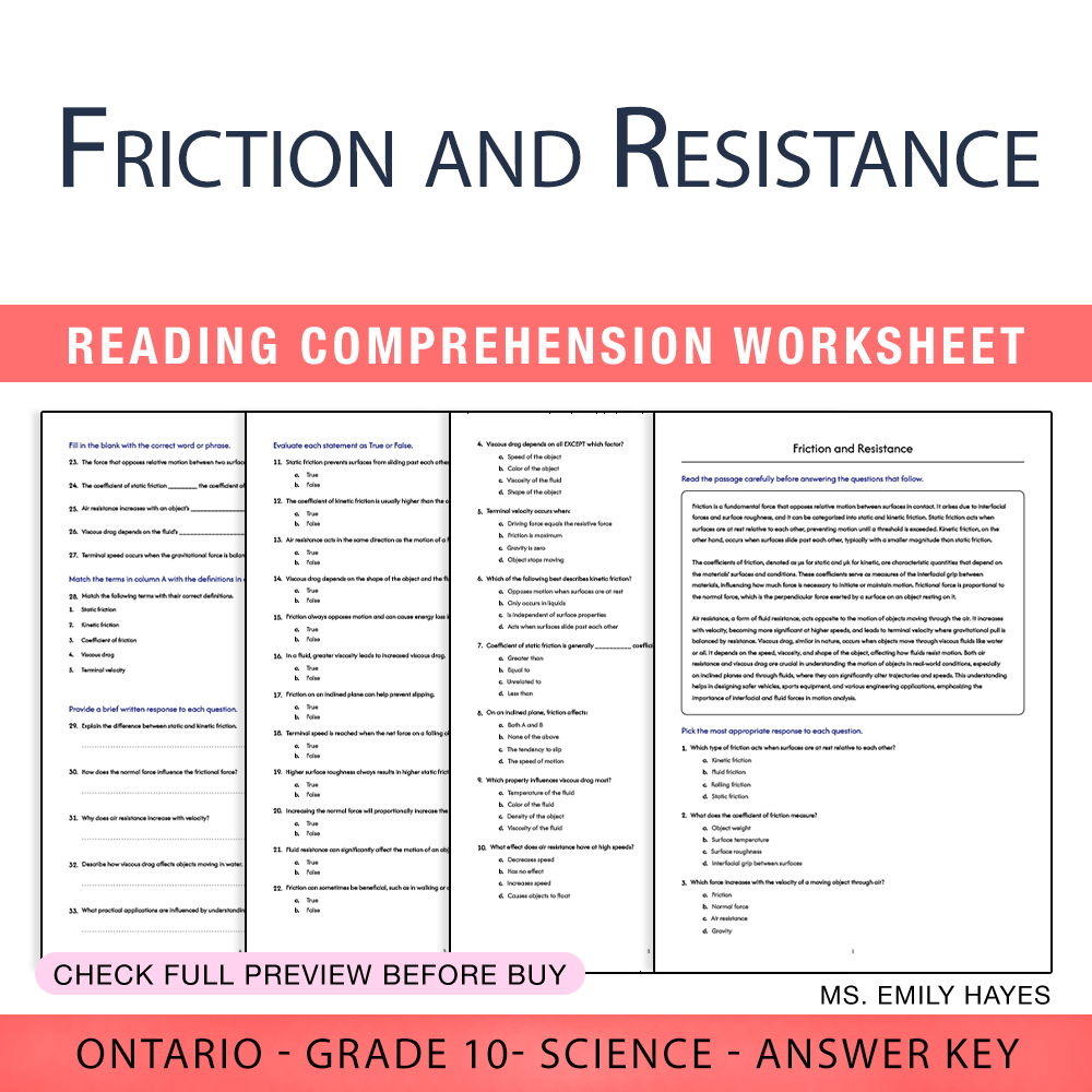 Grade 10 Science worksheet worksheet — Grade 10 Science | Friction and Resistance Worksheet (PDF + Answer Key) — page 1