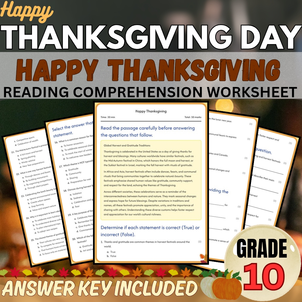 Grade 10 Seasonal | Happy Thanksgiving Worksheet for Mastery | PDF + Answer Key