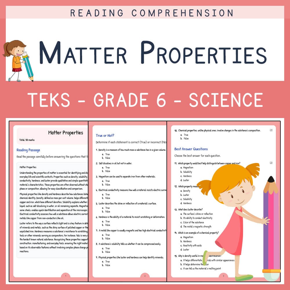Grade 6 Science worksheet elena worksheet — Grade 6 Science | Matter Properties Worksheet | TEKS-Aligned — page 1