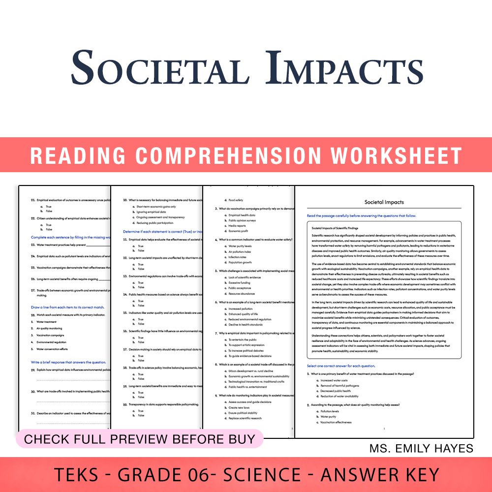 Grade 6 Science worksheet worksheet — 6th Grade Science | Societal Impacts Worksheet (PDF+ Answer Key) — page 1