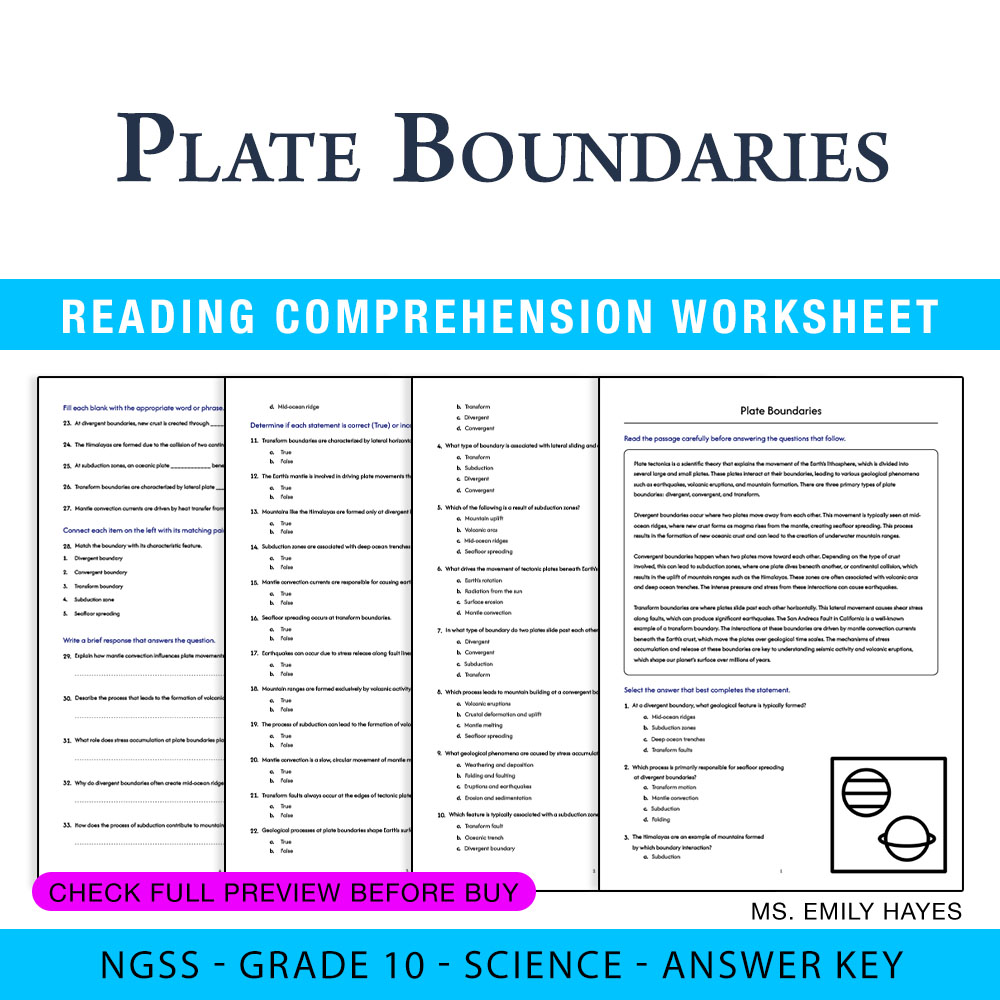 Grade 10 Science worksheet — 10th Grade Science | Plate Boundaries Worksheet (PDF + Answer Key) — page 1