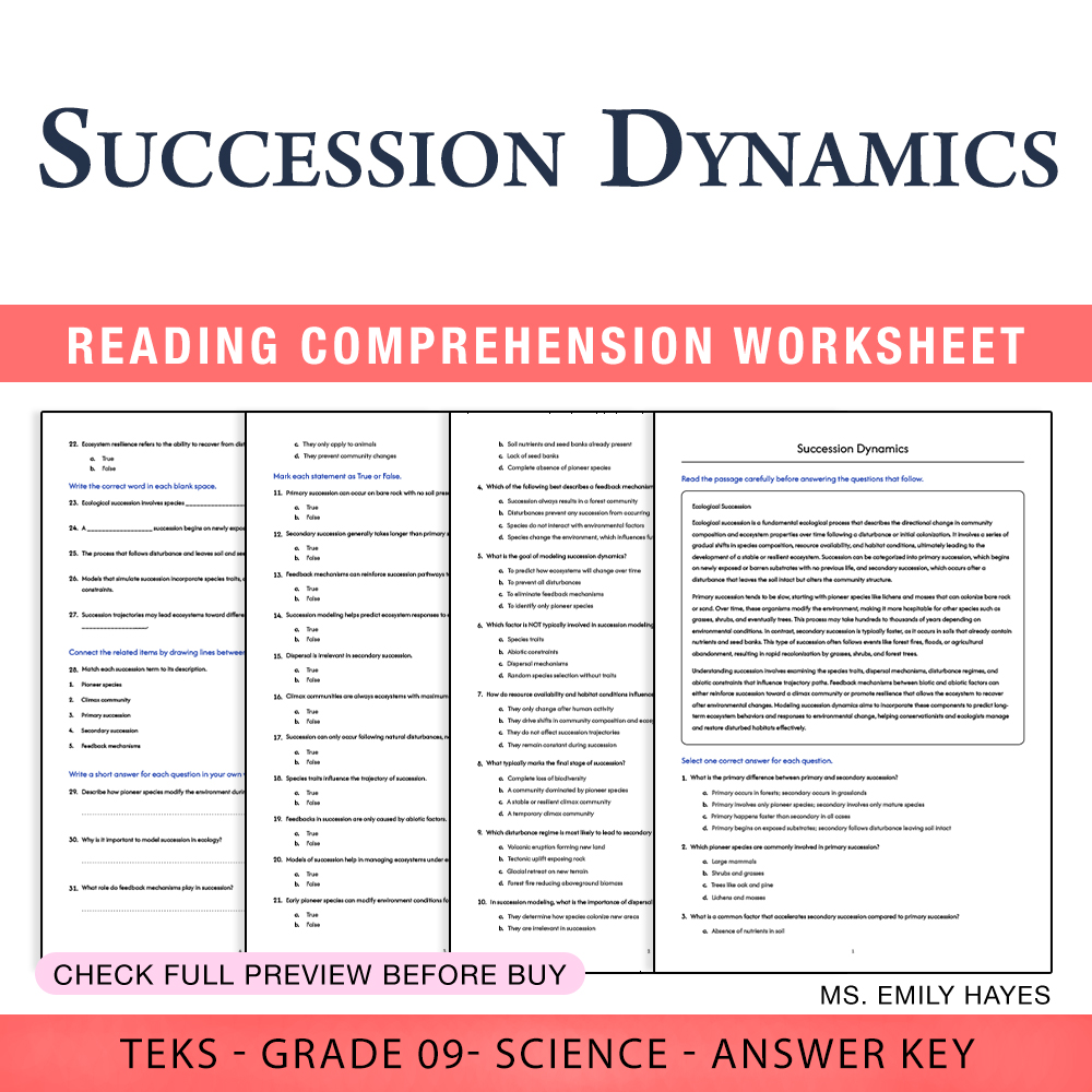 Grade 9 Science worksheet worksheet — 9th Grade Science | Succession Dynamics Worksheet (PDF+ Answer Key) — page 1
