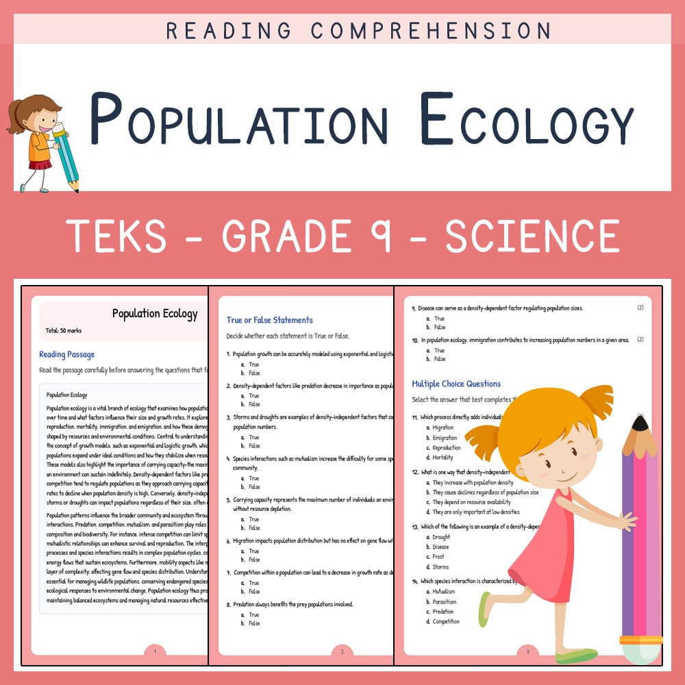 Grade 9 Science worksheet elena worksheet — Grade 9 Science | Population Ecology Worksheet | TEKS-Aligned — page 1