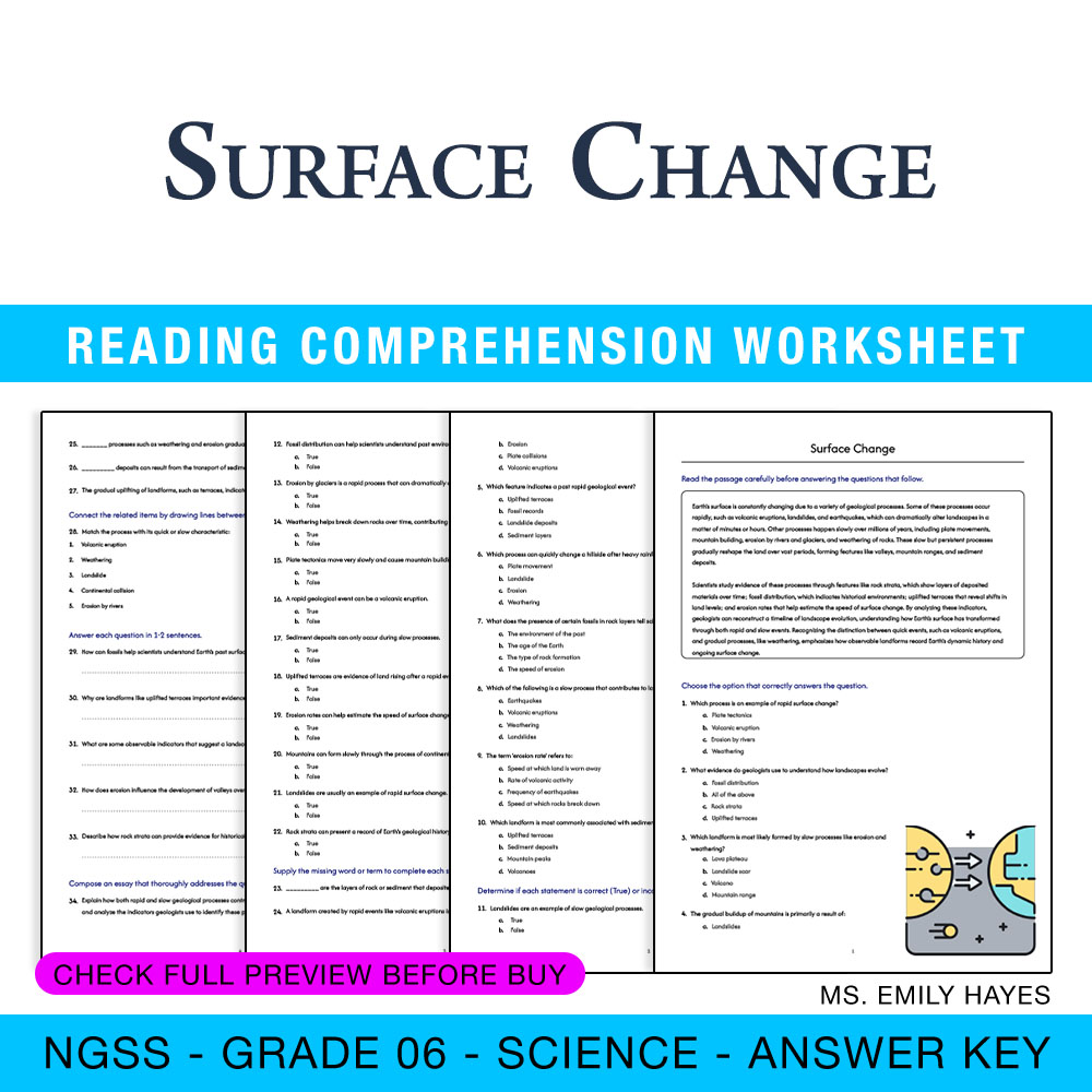 Grade 6 Science worksheet — 6th Grade Science | Surface Change Worksheet (PDF + Answer Key) — page 1