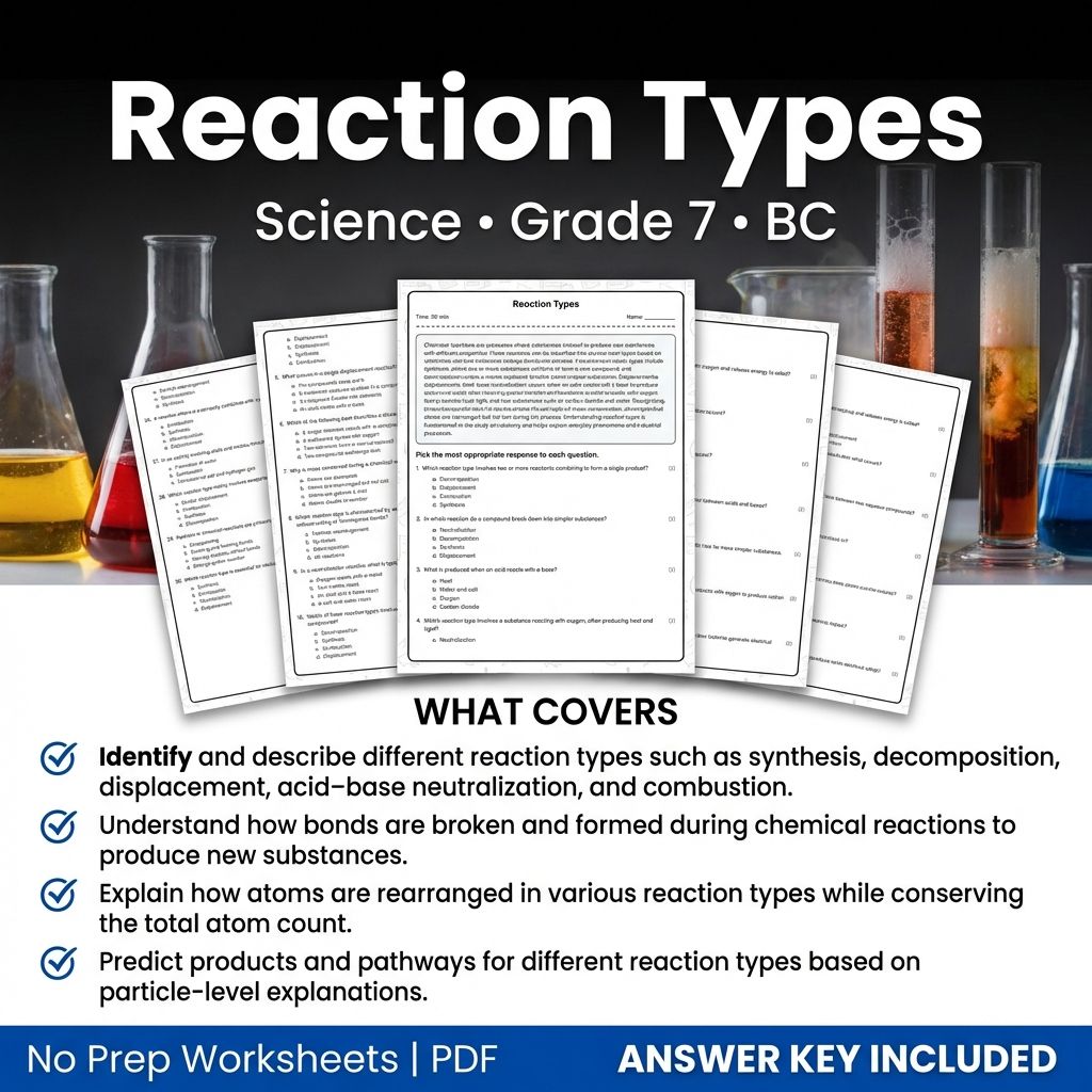 7th Grade Science | Reaction Types Worksheet & Answer Key (Printable PDF)