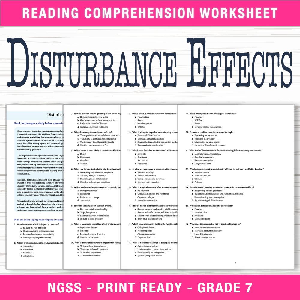 Grade 7 Science worksheet worksheet — Grade 7 Science – Disturbance Effects Worksheet (PDF + Answer Key) — page 1