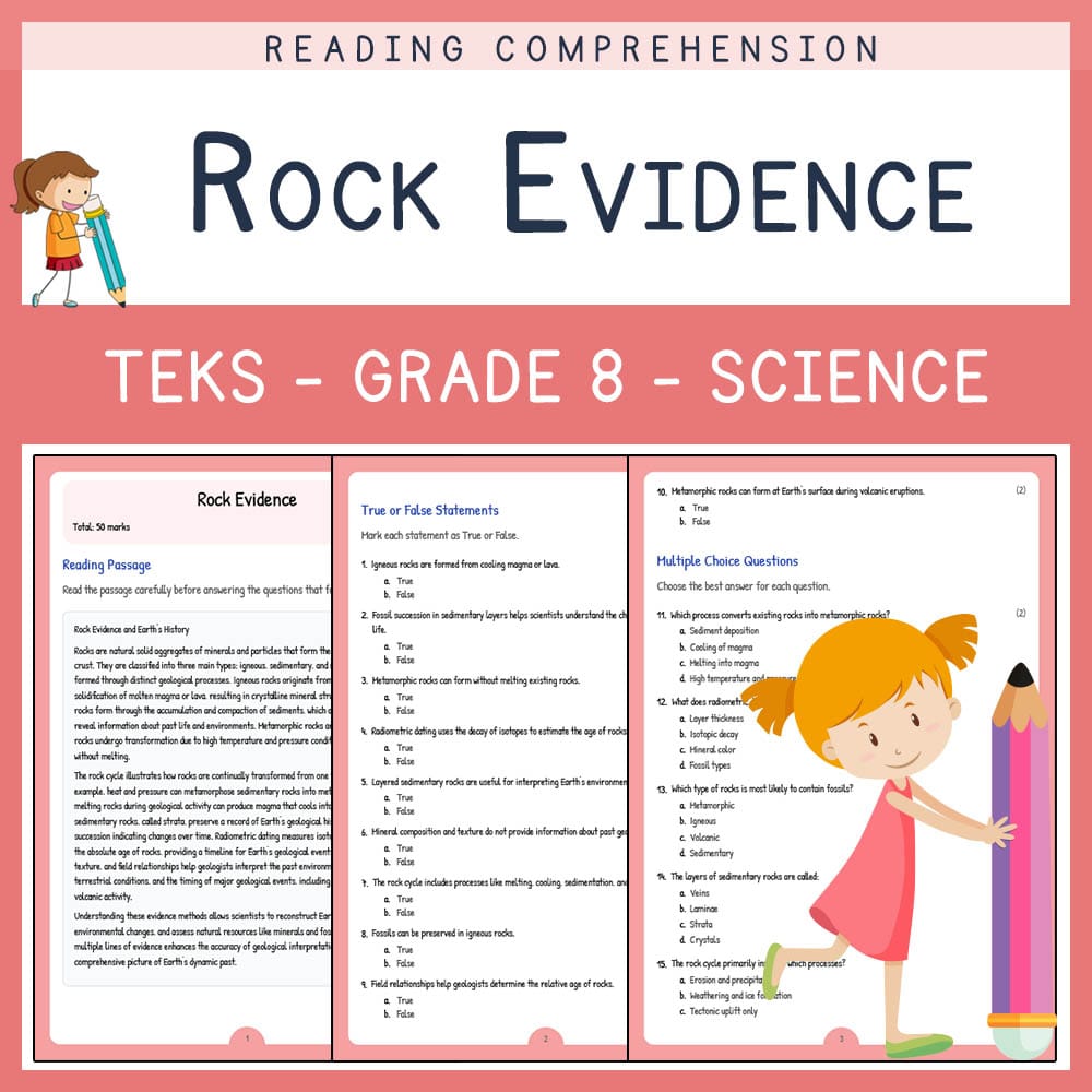 Grade 8 Science worksheet elena worksheet — Grade 8 Science | Rock Evidence Worksheet | TEKS-Aligned — page 1