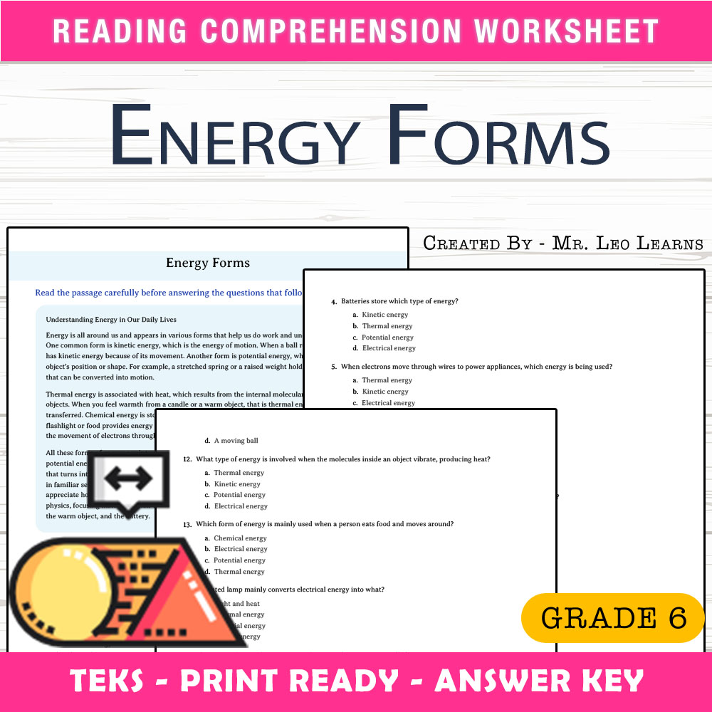 Grade 6 Science worksheet worksheet — Grade 6 Science – Energy Forms Worksheet for Mastery — page 1