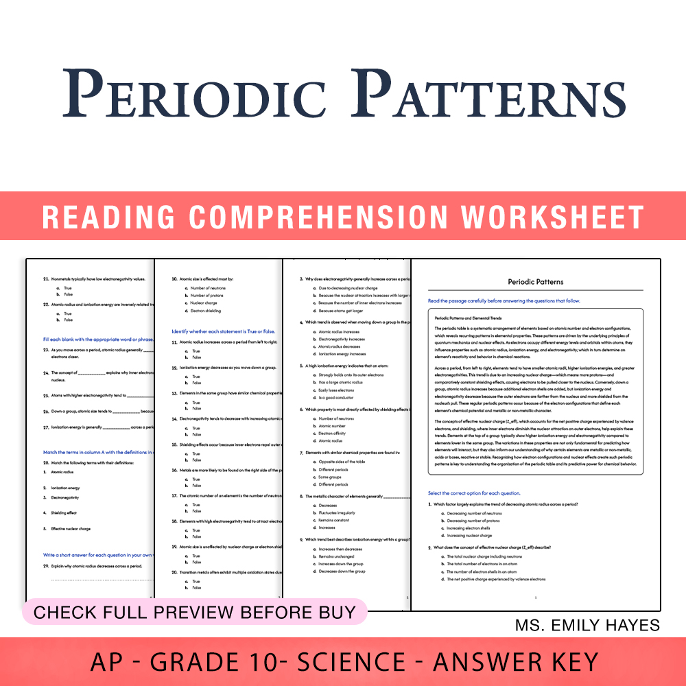 Grade 10 Science worksheet worksheet — 10th Grade Science | Periodic Patterns Worksheet (PDF+ Answer Key) — page 1