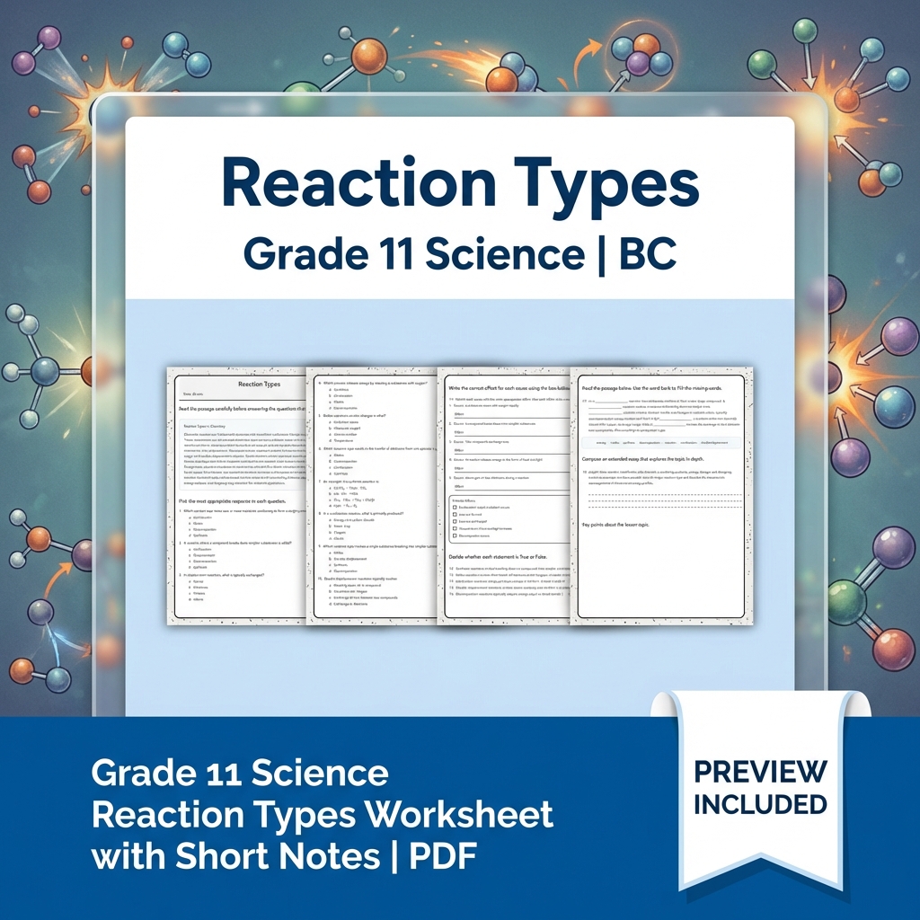 Grade 11 Science Worksheet Bundle | BC Framework | Reaction & Atomic Theory — included worksheet 2