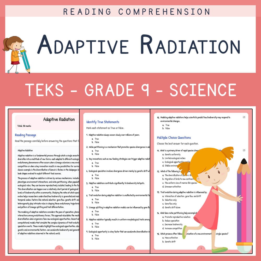 Grade 9 Science worksheet elena worksheet — Grade 9 Science | Adaptive Radiation Worksheet | TEKS-Aligned — page 1