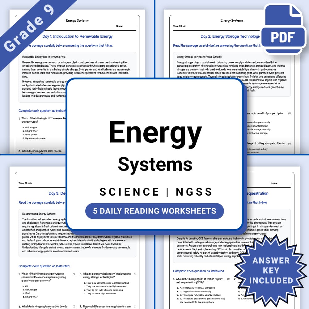 Grade 9 Science daily reading worksheet worksheet — Grade 9 Science – Energy Systems Daily Worksheet(PDF + Answer Key) — p…