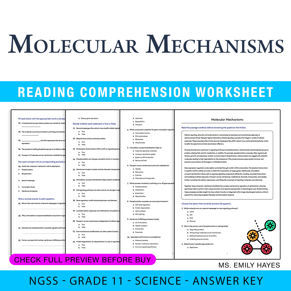 Grade 11 Science worksheet worksheet — 11th Grade Science | Molecular Mechanisms Worksheet (PDF+ Answer Key) — page 1