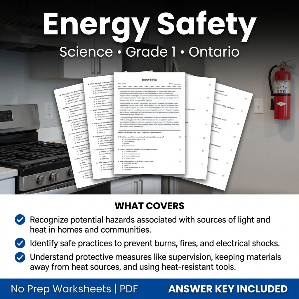 Energy Safety Grade 1 Science Worksheet | Ontario Standards