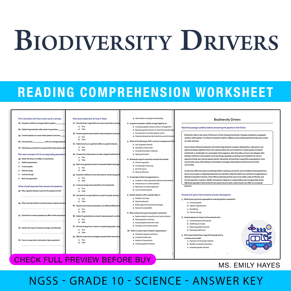 Grade 10 Science — worksheet — 10th Grade Science | Biodiversity Drivers Worksheet (PDF + Answer Key) — page 1
