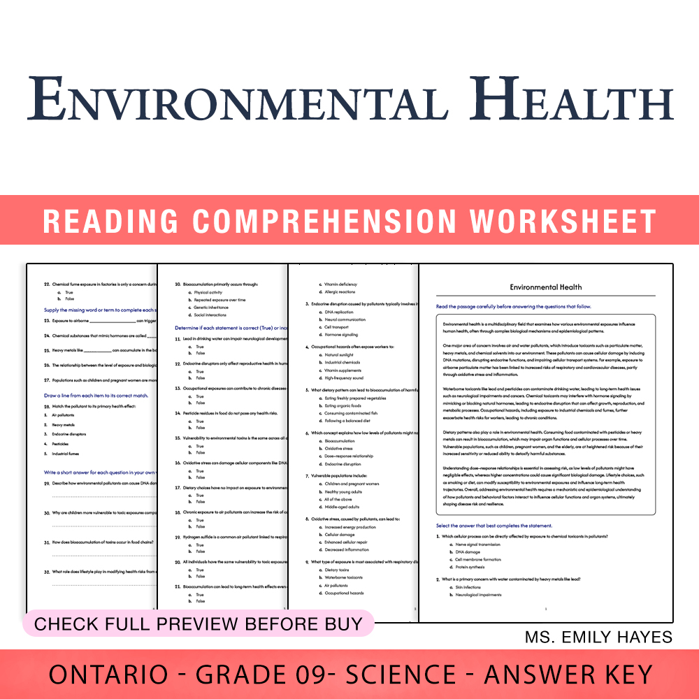 Grade 9 Science worksheet worksheet — Grade 9 Science | Environmental Health Worksheet (PDF + Answer Key) — page 1