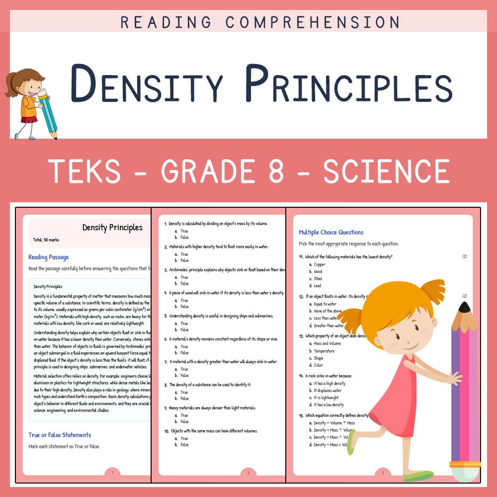 Grade 8 Science worksheet elena worksheet — Grade 8 Science | Density Principles Worksheet | TEKS-Aligned — page 1