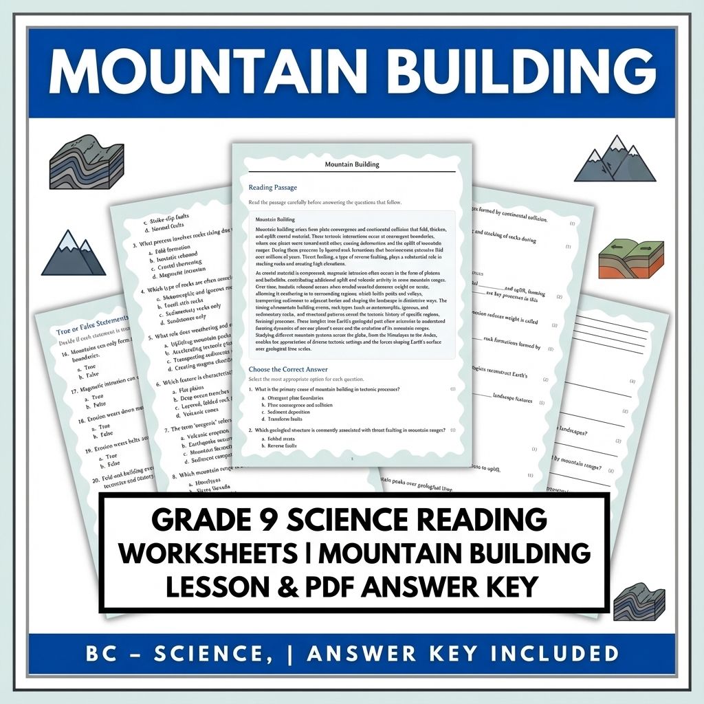 Grade 9 Science Reading Worksheets | Mountain Building Lesson & PDF Answer Key