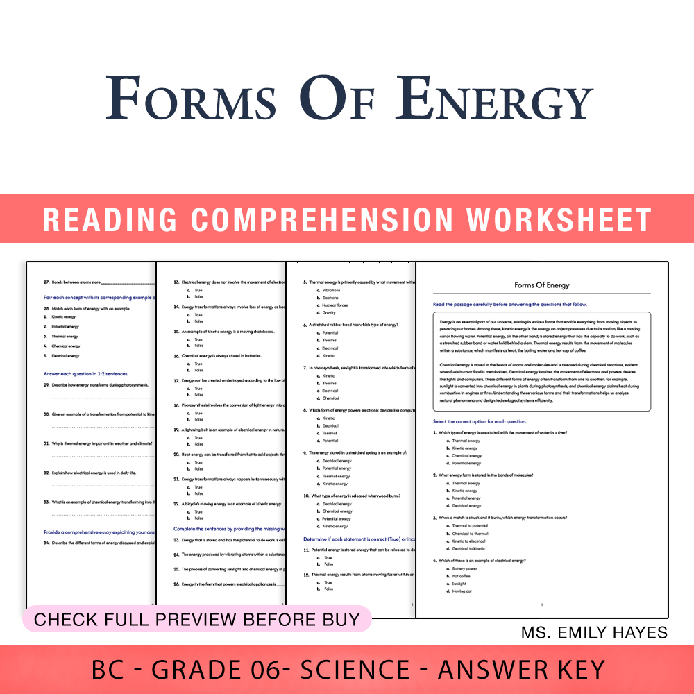 Grade 6 Science worksheet — 6th Grade Science | Forms of Energy Worksheet (PDF+ Answer Key) — page 1
