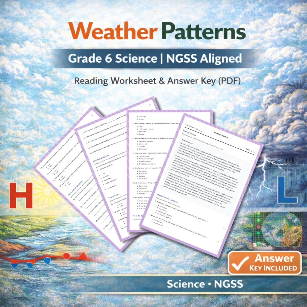 6th Grade Science | Weather Patterns | NGSS ( Worksheet + Answer Key )