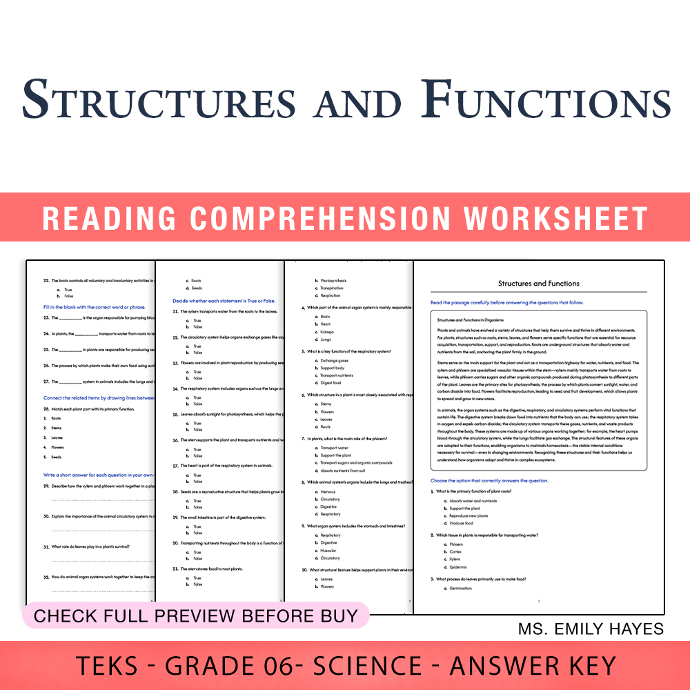 Grade 6 Science worksheet worksheet — Grade 6 Science | Structures and Functions Worksheet (PDF+ Answer Key) — page 1