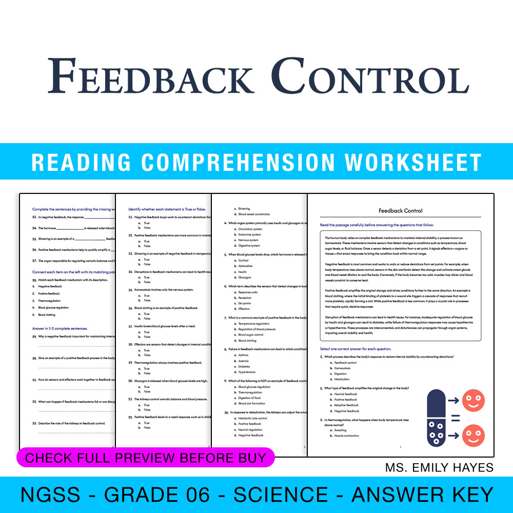 Grade 6 Science worksheet worksheet — 6th Grade Science | Feedback Control Worksheet (PDF + Answer Key) — page 1