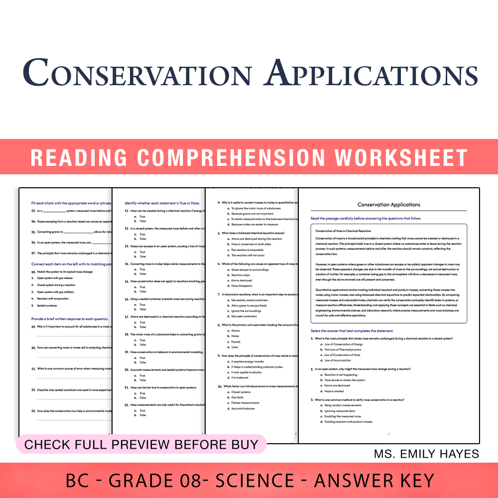 Grade 8 Science worksheet worksheet — 8th Grade Science | Conservation Applications Worksheet (PDF+ Answer Key) — page 1