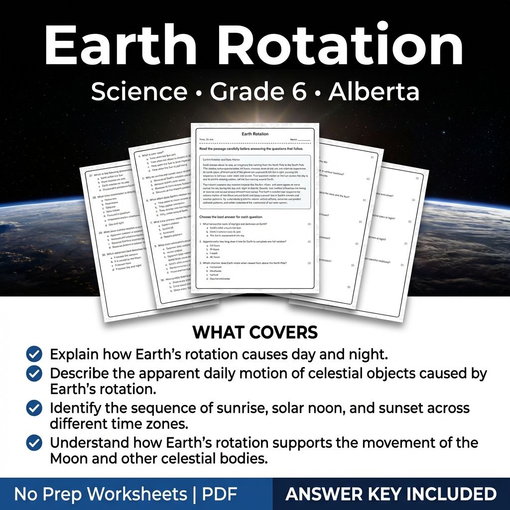 Earth Rotation Grade 6 Science Worksheet | Alberta Standards