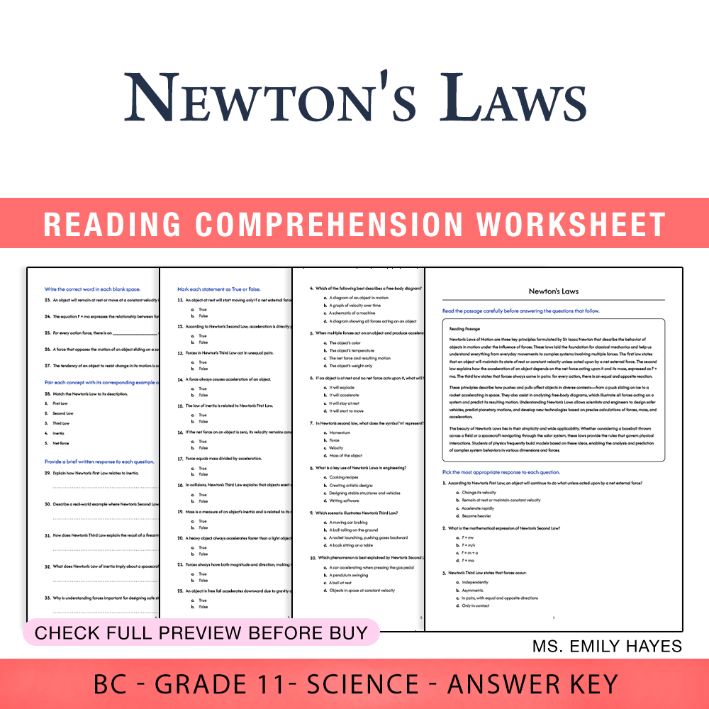 Grade 11 Science worksheet worksheet — Grade 11 Science | Newton's Laws Practice Worksheet (PDF + Answer Key) — page 1