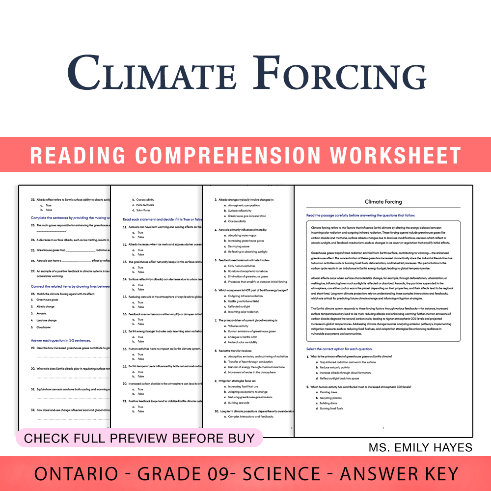 Grade 9 Science worksheet worksheet — 9th Grade Science | Climate Forcing Worksheet (PDF + Answer Key) — page 1