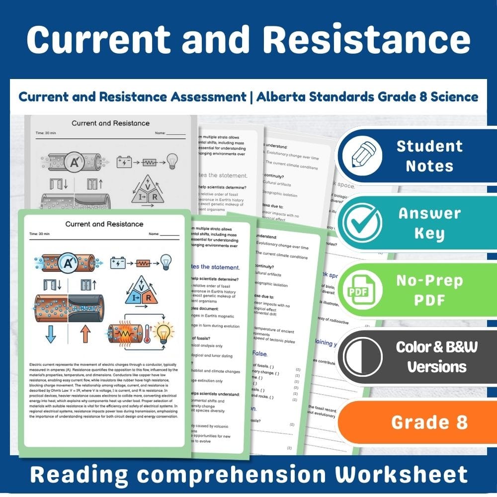 Grade 8 Science assessment worksheet — Current and Resistance Assessment | Alberta Standards Grade 8 Science — page 1