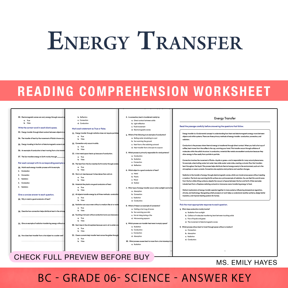 Grade 6 Science worksheet worksheet — 6th Grade Science | Energy Transfer Worksheet (PDF+ Answer Key) — page 1
