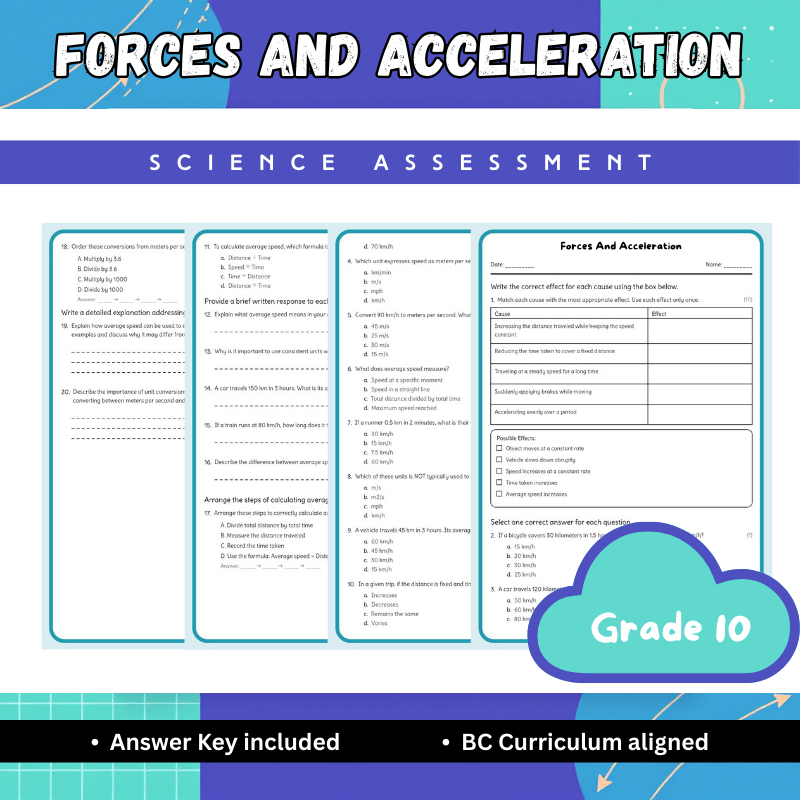 Grade 10 Science – Forces And Acceleration Worksheet (PDF) with Answer Key
