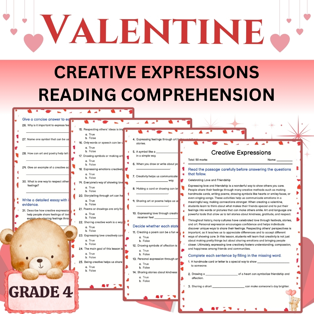 4th Grade Seasonal – Creative Expressions in Valentine Worksheet (PDF)