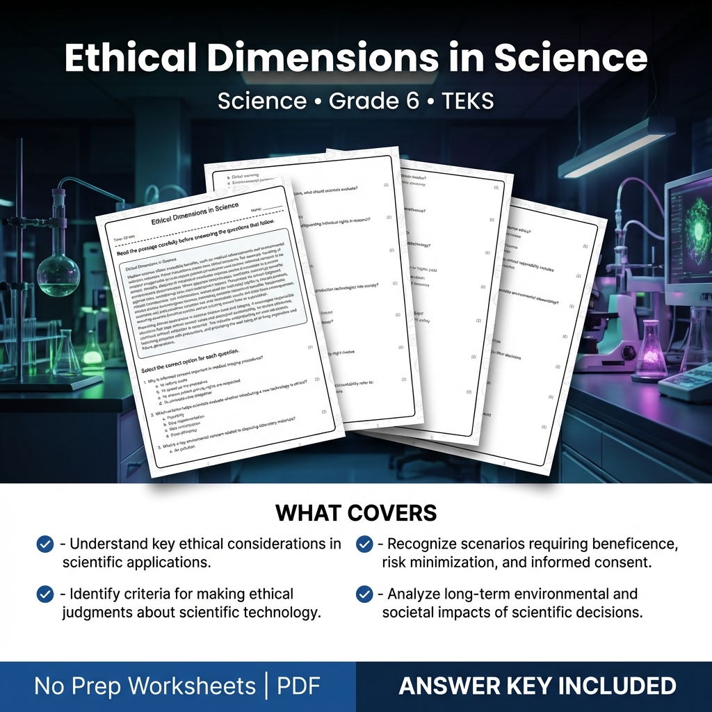 Grade 6 Science Worksheet Ethical Dimensions in Science | TEKS Standards