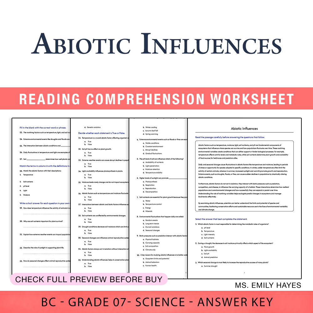Grade 7 Science worksheet worksheet — 7th Grade Science | Abiotic Influences Worksheet (PDF+ Answer Key) — page 1