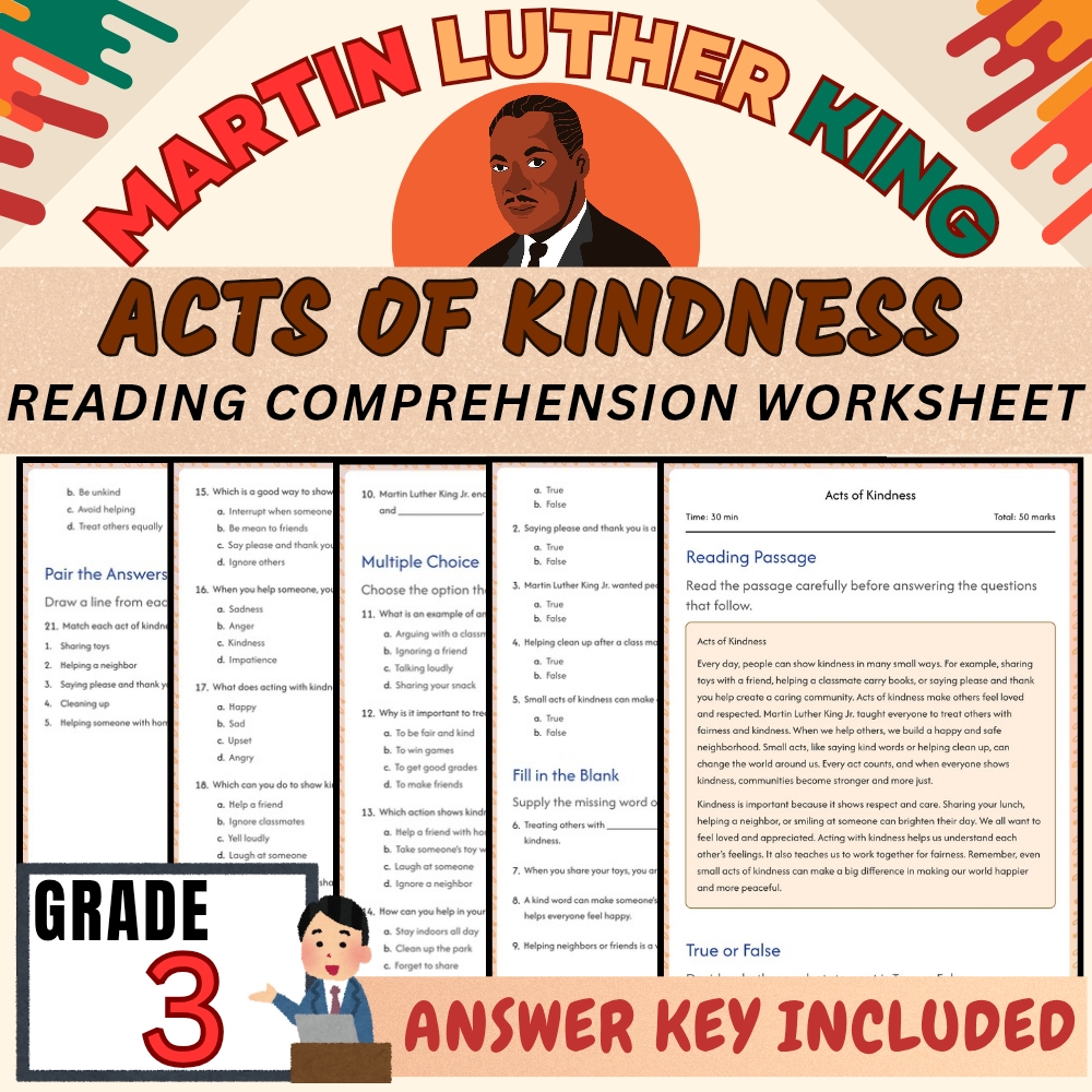 Grade 3 | Acts of Kindness Worksheet for Martin Luther King | PDF + Answer Key