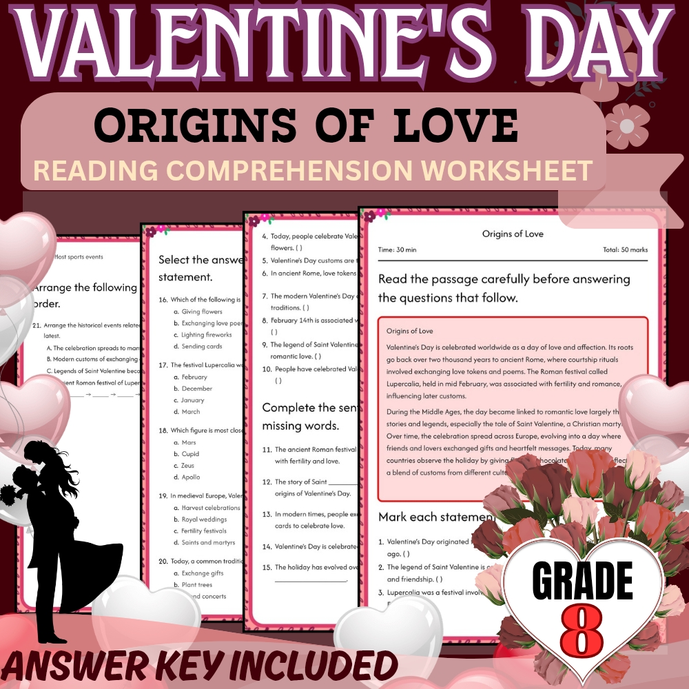 Grade 8 Holiday Unit | Valentine’s Day Worksheets  (Answer Keys Included) — included worksheet 2