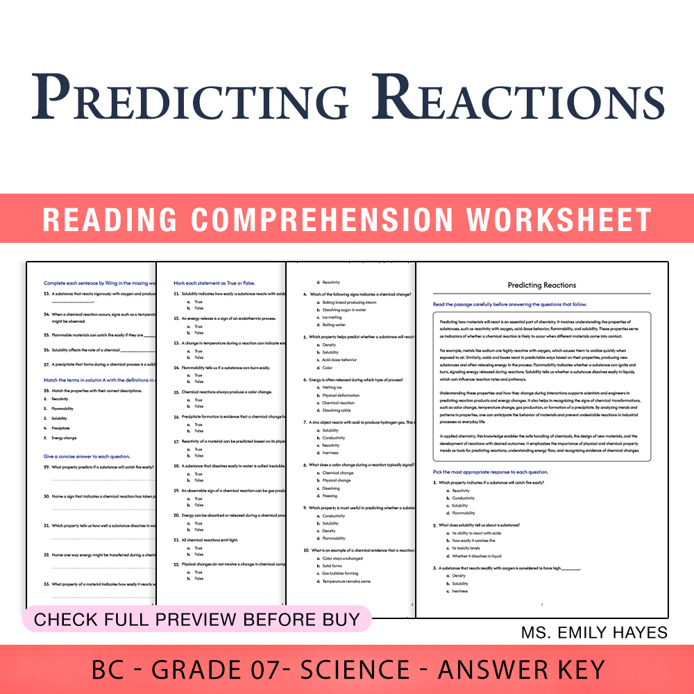 Grade 7 Science worksheet worksheet — 7th Grade Science | Predicting Chemical Reactions Worksheet (PDF + Answer Key) — page 1
