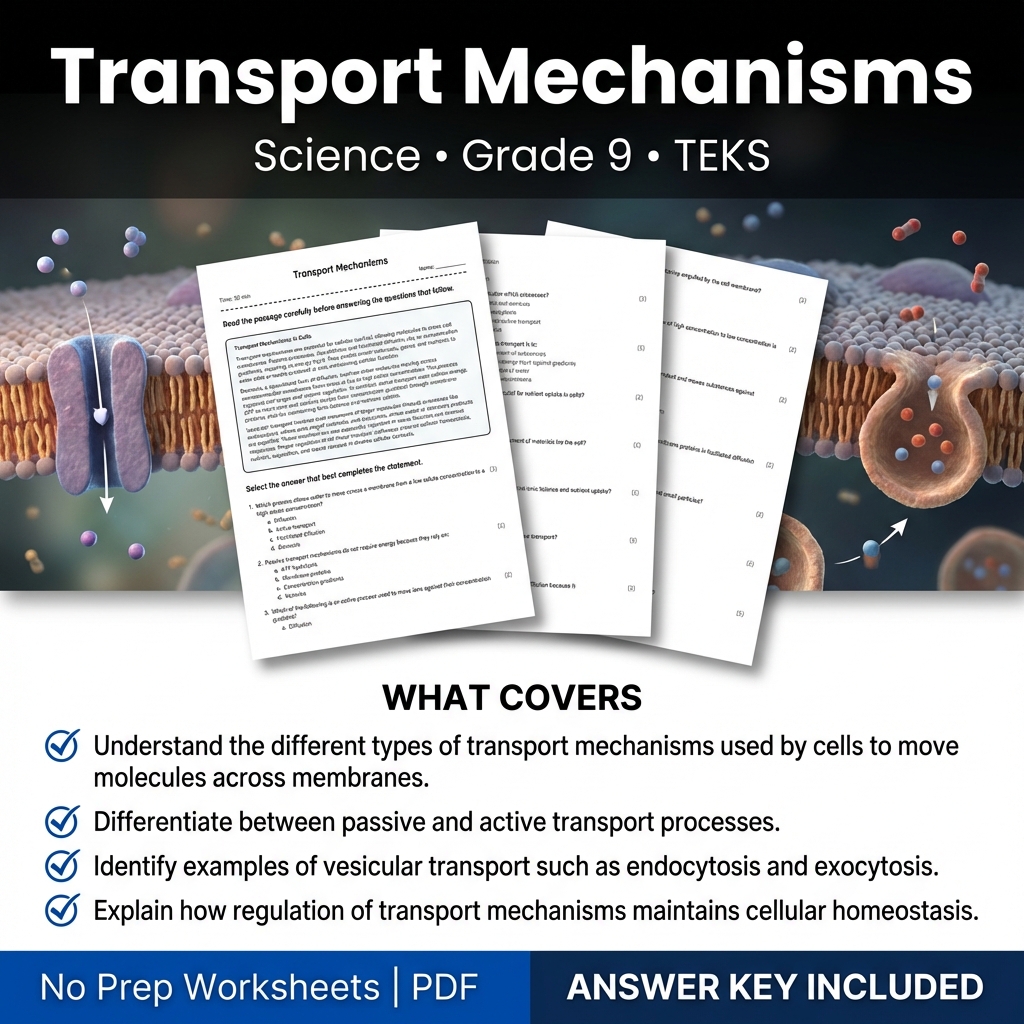 Grade 9 Science worksheet — Transport Mechanisms Worksheet for Grade 9 Science TEKS Practice