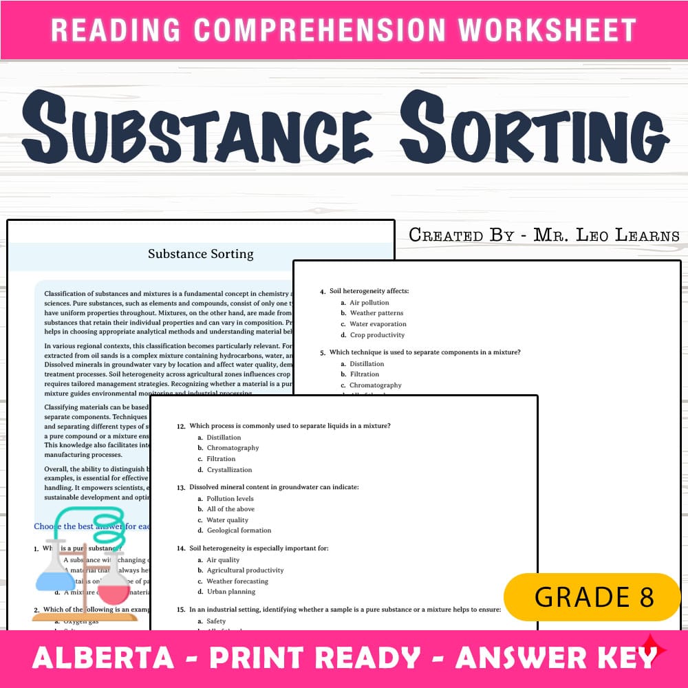 Grade 8 Science worksheet mcq paper worksheet — Grade 8 Science — Substance Sorting Worksheet for Mastery — page 1