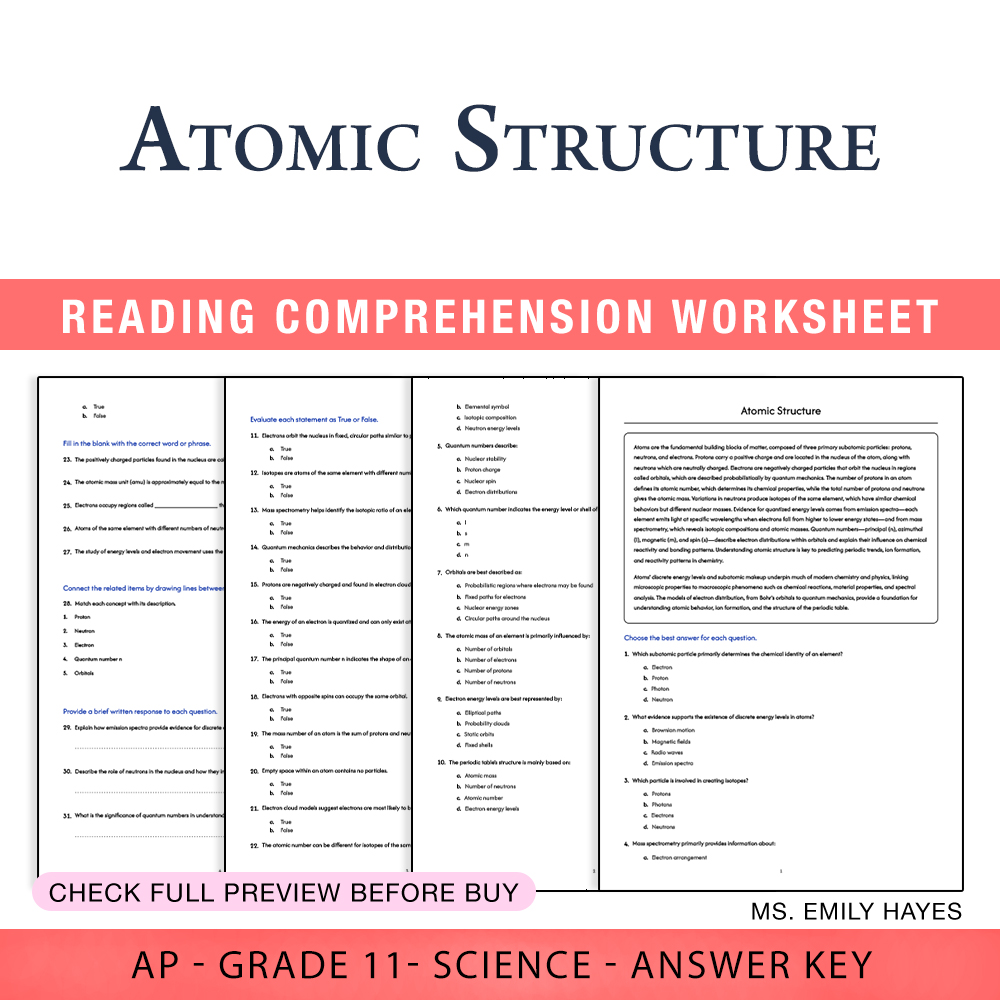 Grade 11 Science worksheet worksheet — 11th Grade Science | Atomic Structure Worksheet (PDF+ Answer Key) — page 1